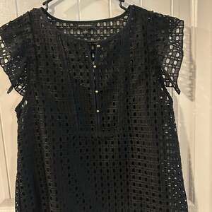 Banana Republic Black Geo Lace Ruffle Flutter Sleeve Top with Cami Liner